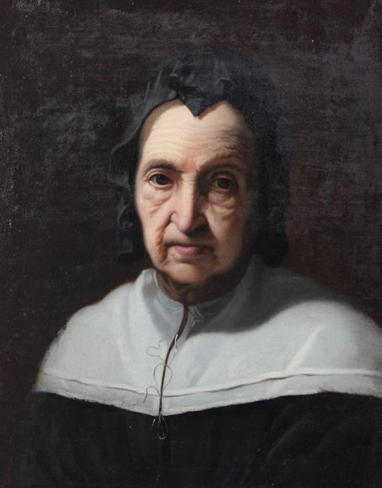 Follower of Adam Camerarius (Dutch c1645-1665) Portrait of a lady wearing a black bonnet, 18.5 x 14.75in.